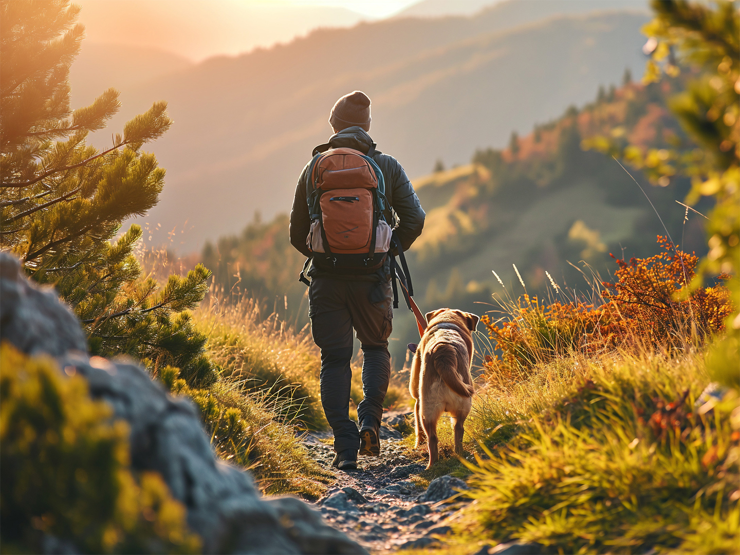 A man and a dog hiking in beautiful mountain landscape, man with